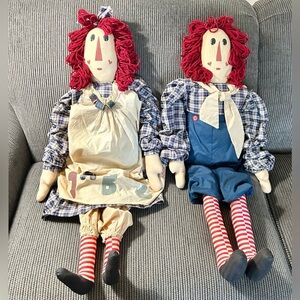 Vintage raggedy Ann/Andy primitive dolls lot of 2 farmhouse country decoration